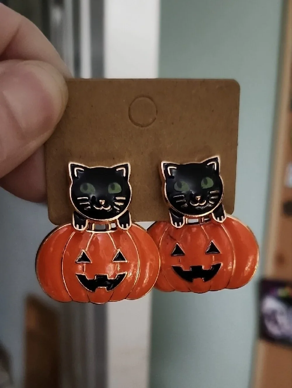Black Cat on Orange Pumpkin Halloween Cat Earrings